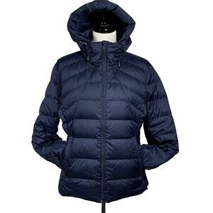 Quince Hooded Jacket Womens L Navy Lightweight Down Packable Puffer 700 fill